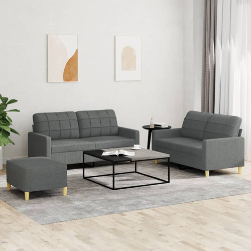 Set 2 Divani + Pouf Poggiapiedi con Cuscini Grigio Scuro in Tessuto