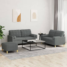 Carica l&#39;immagine nel visualizzatore di Gallery, Set 2 Divani + Pouf Poggiapiedi con Cuscini Grigio Scuro in Tessuto
