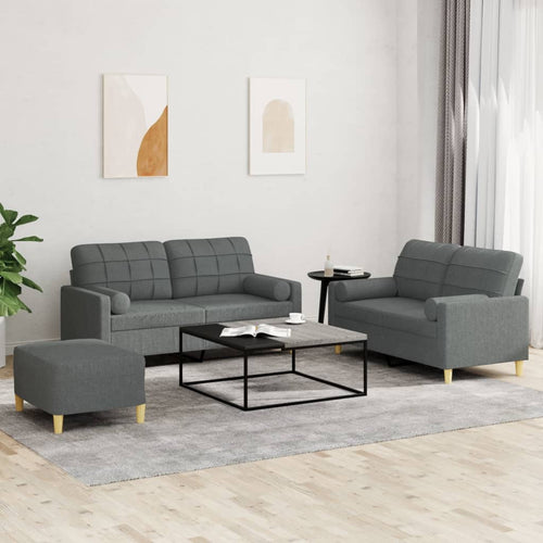 Set 2 Divani + Pouf Poggiapiedi con Cuscini Grigio Scuro in Tessuto