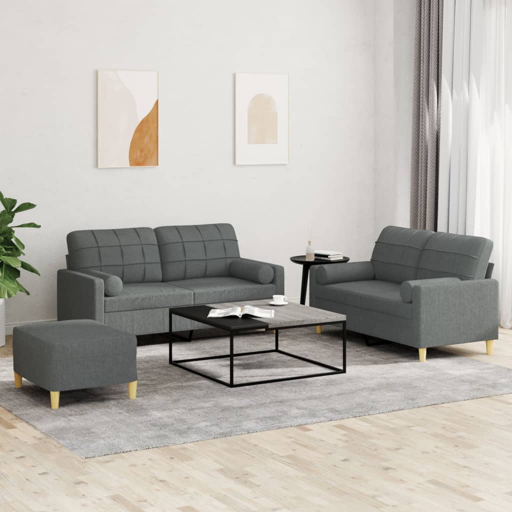 Set 2 Divani + Pouf Poggiapiedi con Cuscini Grigio Scuro in Tessuto