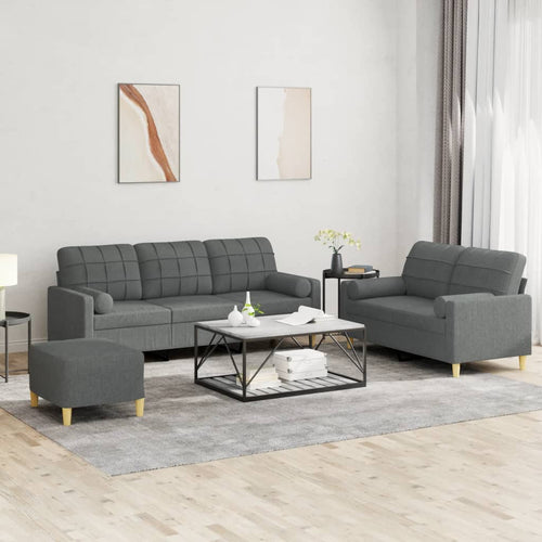 Set 2 Divani + Pouf Poggiapiedi con Cuscini Grigio Scuro in Tessuto