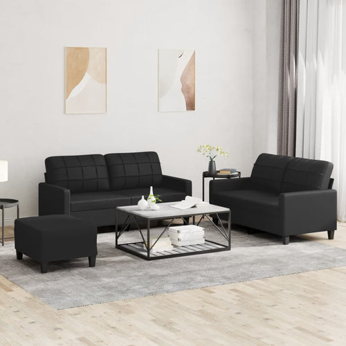 Set 2 Divani + Pouf Poggiapiedi con Cuscini Nero in Similpelle