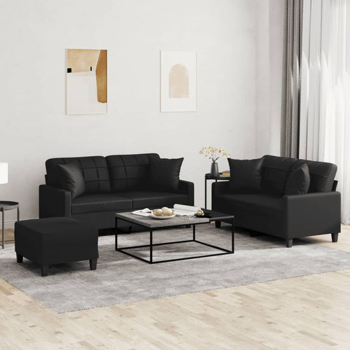 Set 2 Divani + Pouf Poggiapiedi con Cuscini Nero in Similpelle