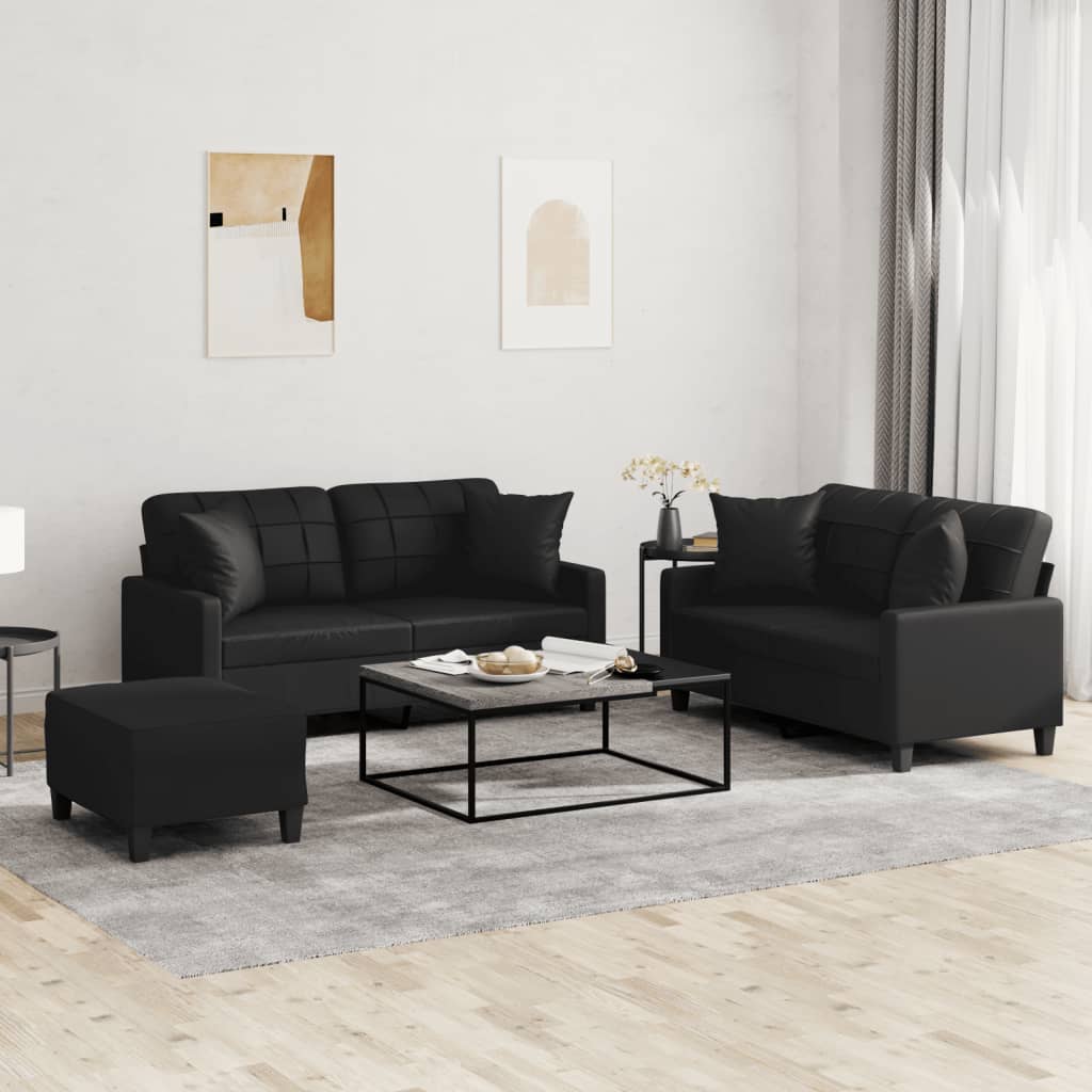 Set 2 Divani + Pouf Poggiapiedi con Cuscini Nero in Similpelle
