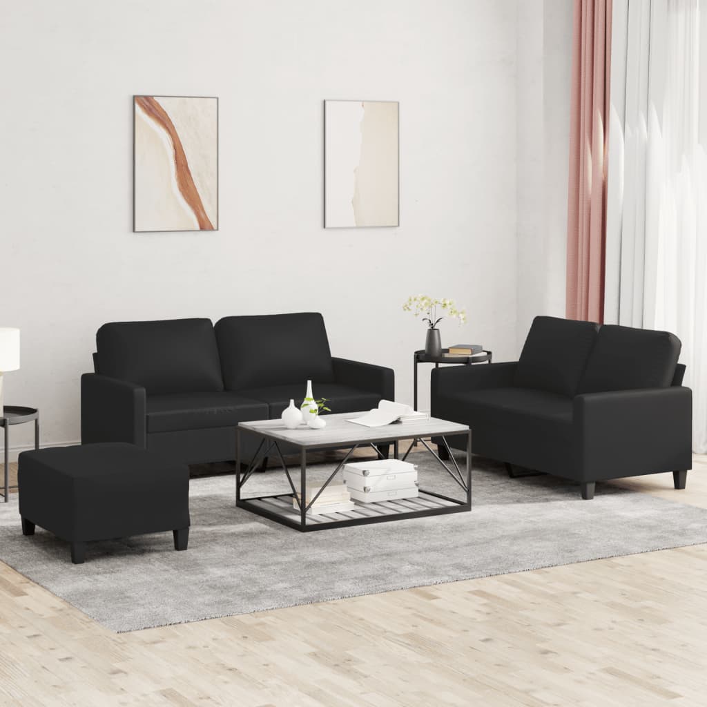 Set 2 Divani + Pouf Poggiapiedi con Cuscini Nero in Similpelle