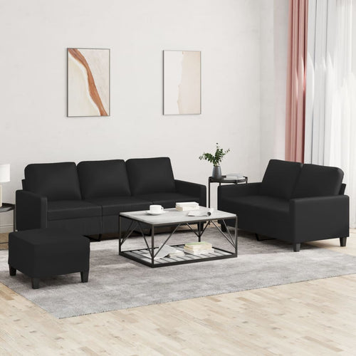 Set 2 Divani + Pouf Poggiapiedi con Cuscini Nero in Similpelle