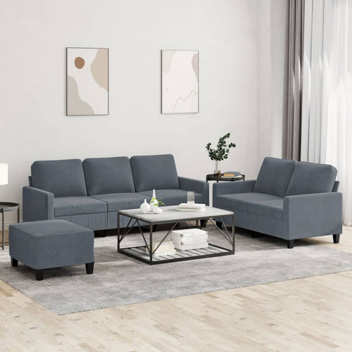 Set 2 Divani + Pouf Poggiapiedi con Cuscini Grigio Scuro in Velluto