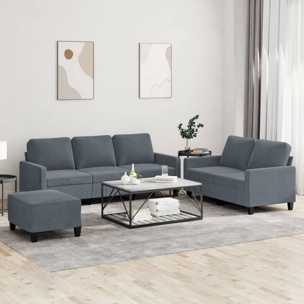 Set 2 Divani + Pouf Poggiapiedi con Cuscini Grigio Scuro in Velluto