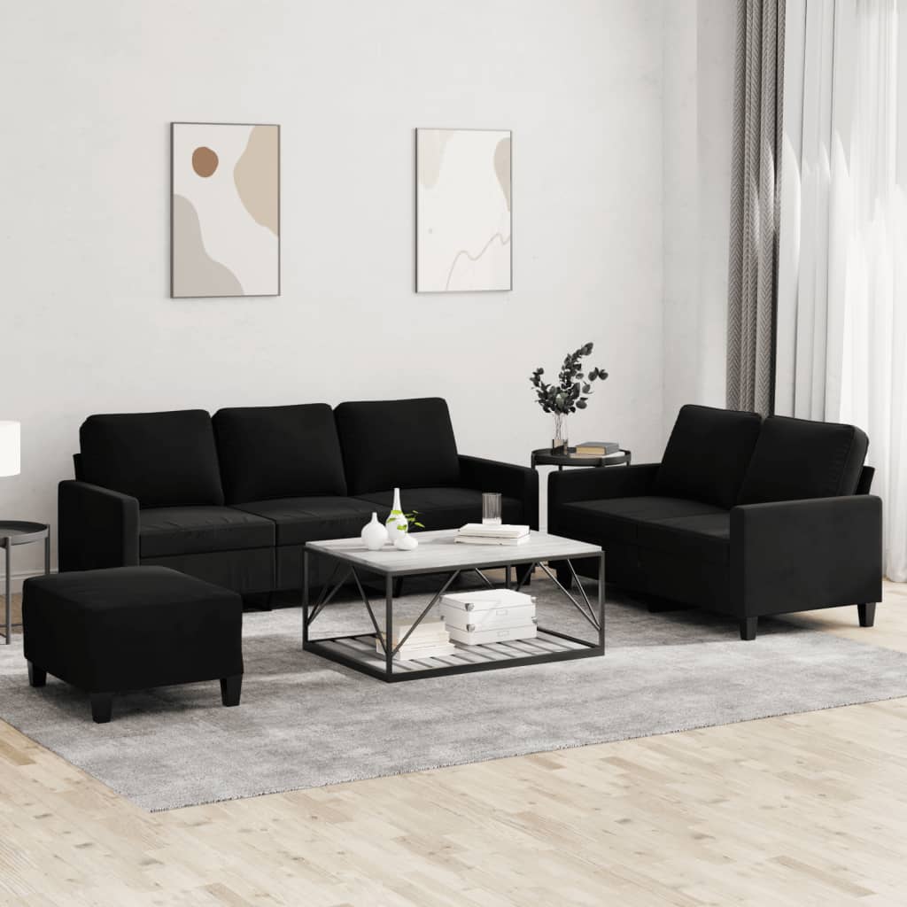 Set 2 Divani + Pouf Poggiapiedi con Cuscini Nero in Velluto