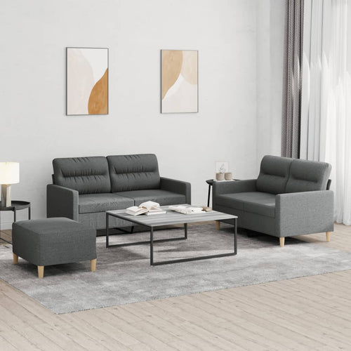 Set 2 Divani + Pouf Poggiapiedi con Cuscini Grigio Scuro in Tessuto
