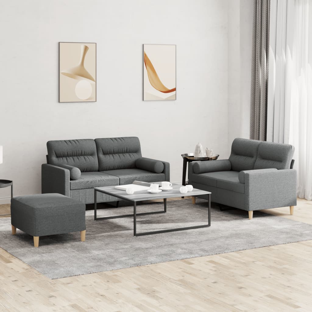 Set 2 Divani + Pouf Poggiapiedi con Cuscini Grigio Scuro in Tessuto