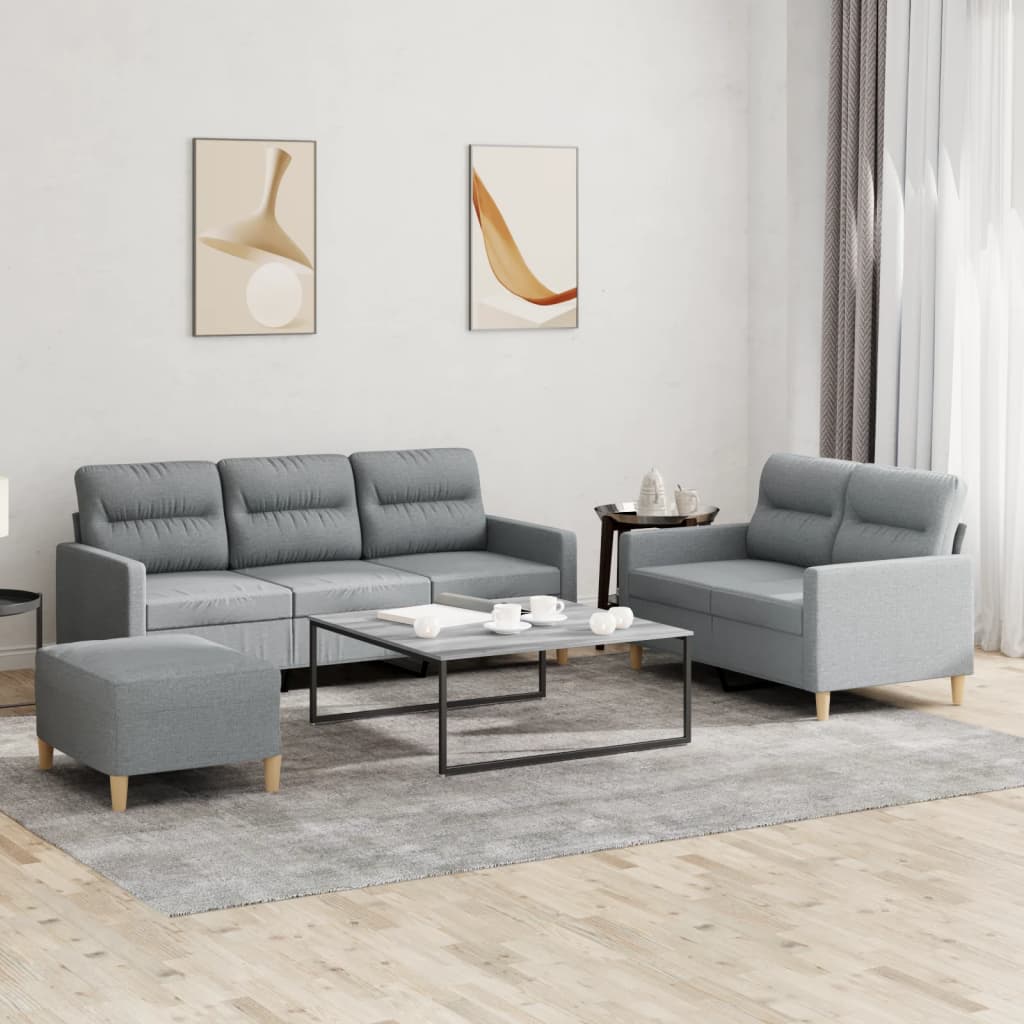Set 2 Divani + Pouf Poggiapiedi Grigio Chiaro in Tessuto