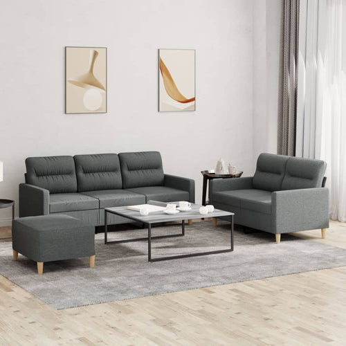 Set 2 Divani + Pouf Poggiapiedi con Cuscini Grigio Scuro in Tessuto