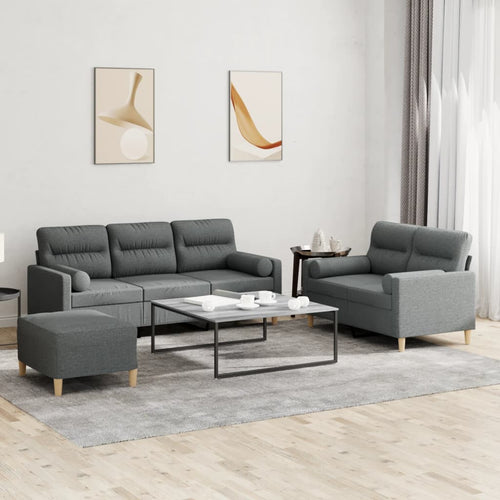Set 2 Divani + Pouf Poggiapiedi con Cuscini Grigio Scuro in Tessuto
