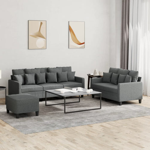 Set 2 Divani + Pouf Poggiapiedi con Cuscini Grigio Scuro in Tessuto