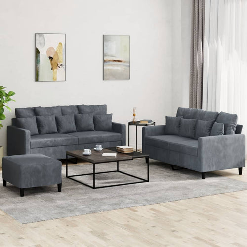 Set 2 Divani + Pouf Poggiapiedi con Cuscini Grigio Scuro in Velluto