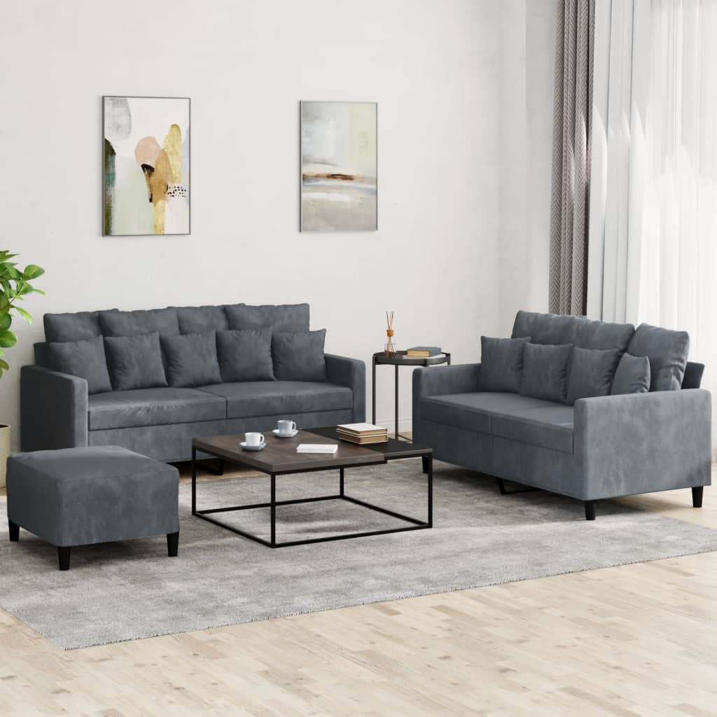 Set 2 Divani + Pouf Poggiapiedi con Cuscini Grigio Scuro in Velluto