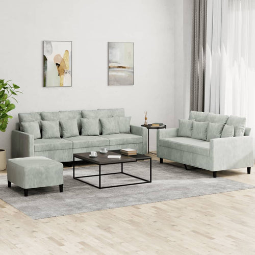 Set 2 Divani + Pouf Poggiapiedi con Cuscini Decorativi Grigio Chiaro in Velluto