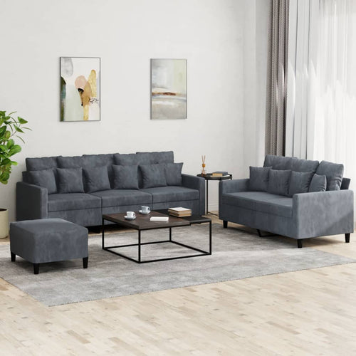 Set 2 Divani + Pouf Poggiapiedi con Cuscini Grigio Scuro in Velluto