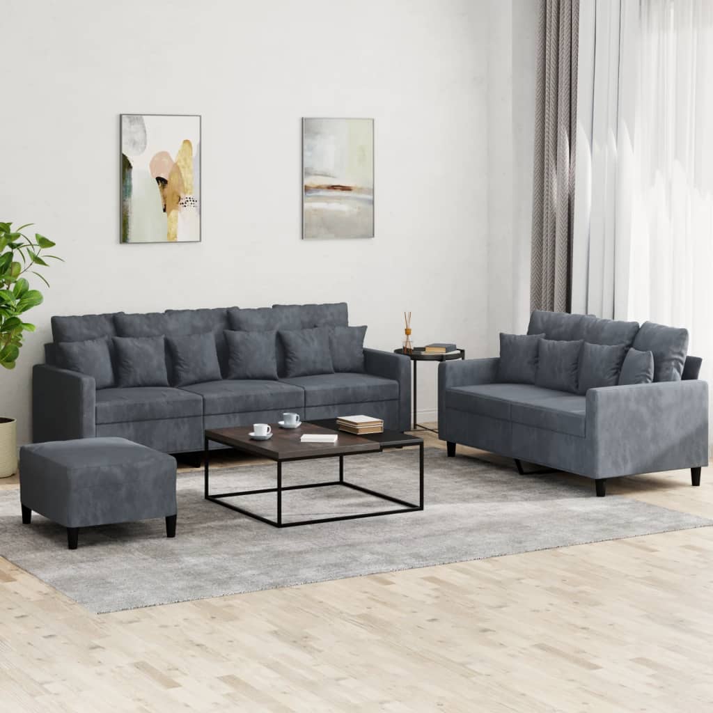 Set 2 Divani + Pouf Poggiapiedi con Cuscini Grigio Scuro in Velluto