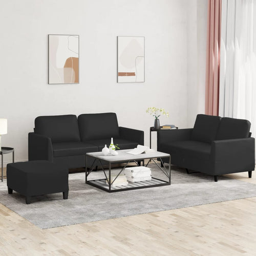 Set 2 Divani + Pouf Poggiapiedi con Cuscini Nero in Similpelle