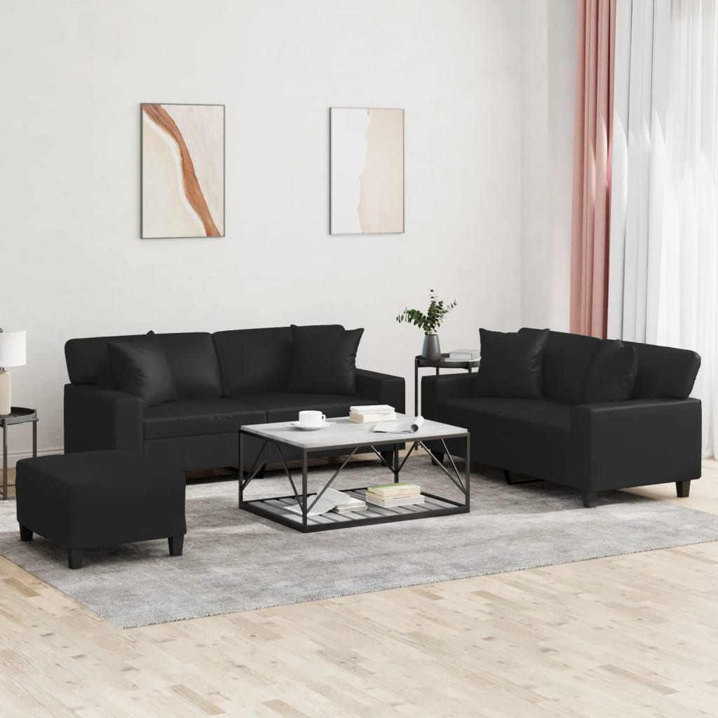 Set 2 Divani + Pouf Poggiapiedi con Cuscini Nero in Similpelle