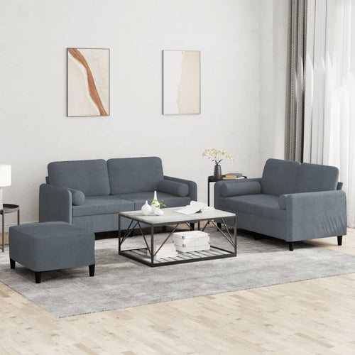 Set 2 Divani + Pouf Poggiapiedi con Cuscini Grigio Scuro in Velluto
