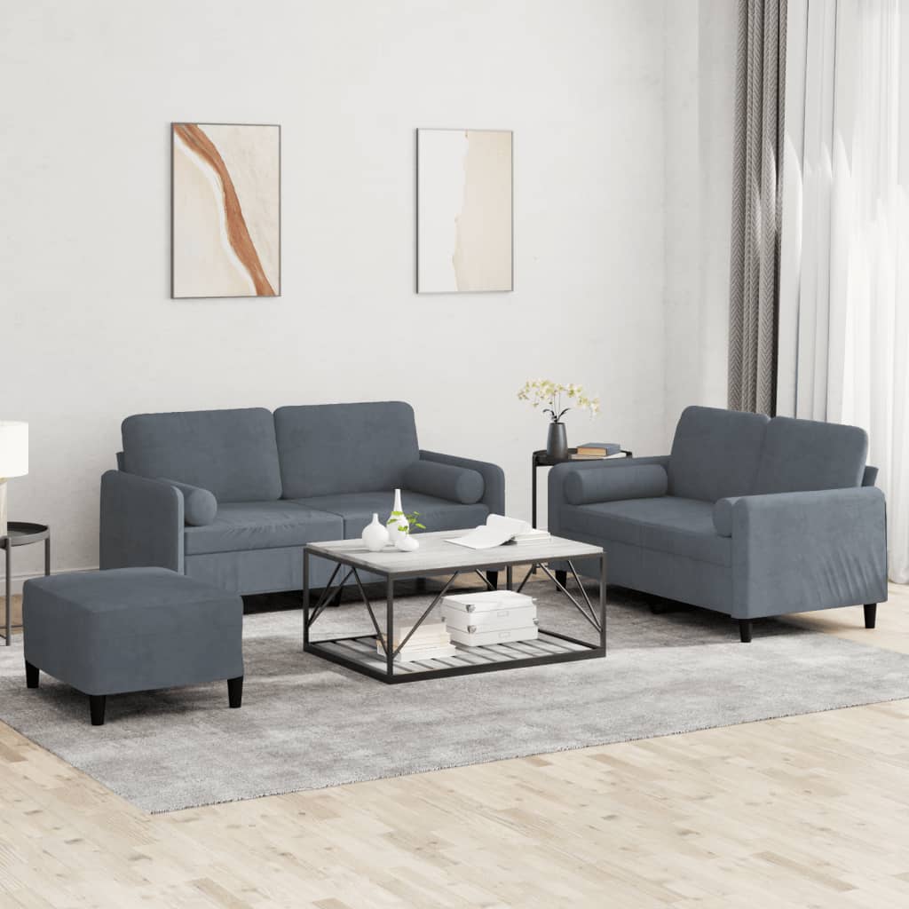 Set 2 Divani + Pouf Poggiapiedi con Cuscini Grigio Scuro in Velluto