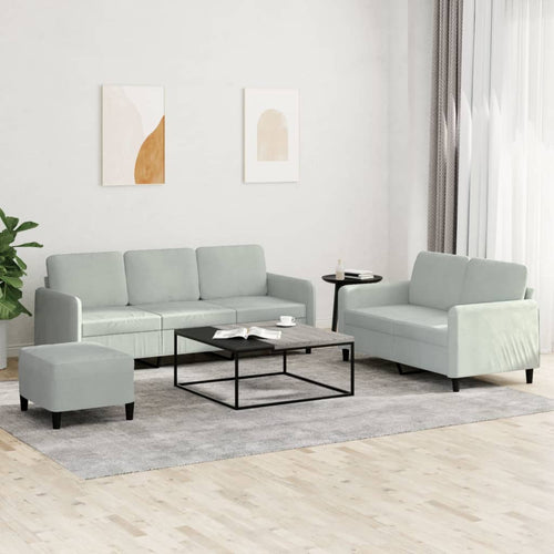 Set 2 Divani + Pouf poggiapiedi Grigio Chiaro in Velluto