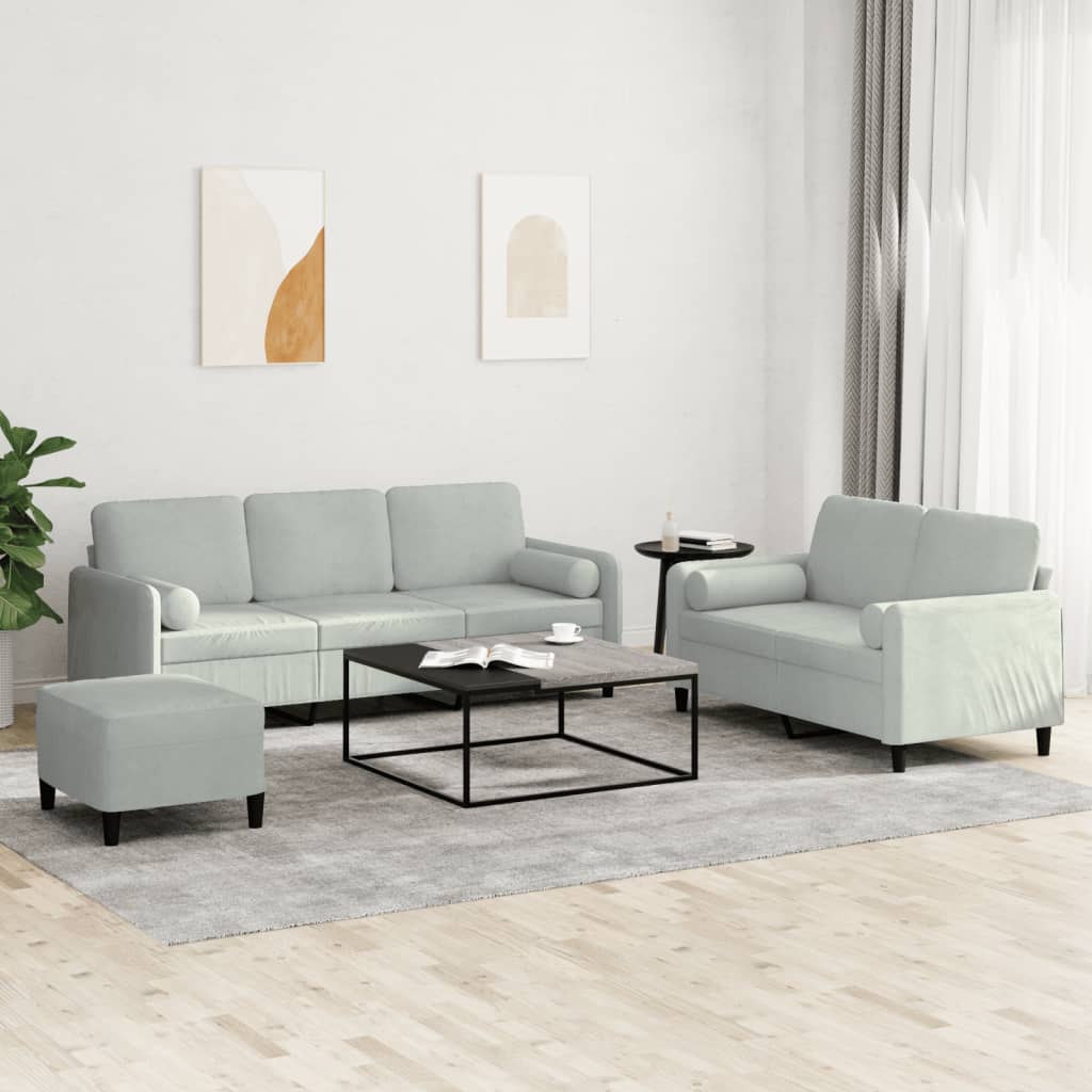 Set 2 Divani + Pouf Poggiapiedi con Cuscini Decorativi Grigio Chiaro in Velluto