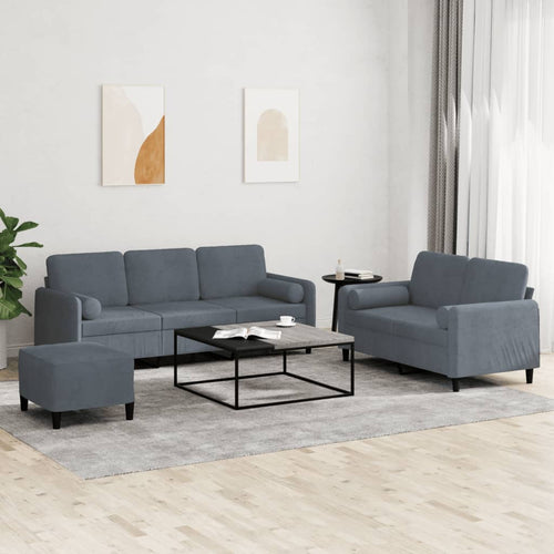 Set 2 Divani + Pouf Poggiapiedi con Cuscini Grigio Scuro in Velluto