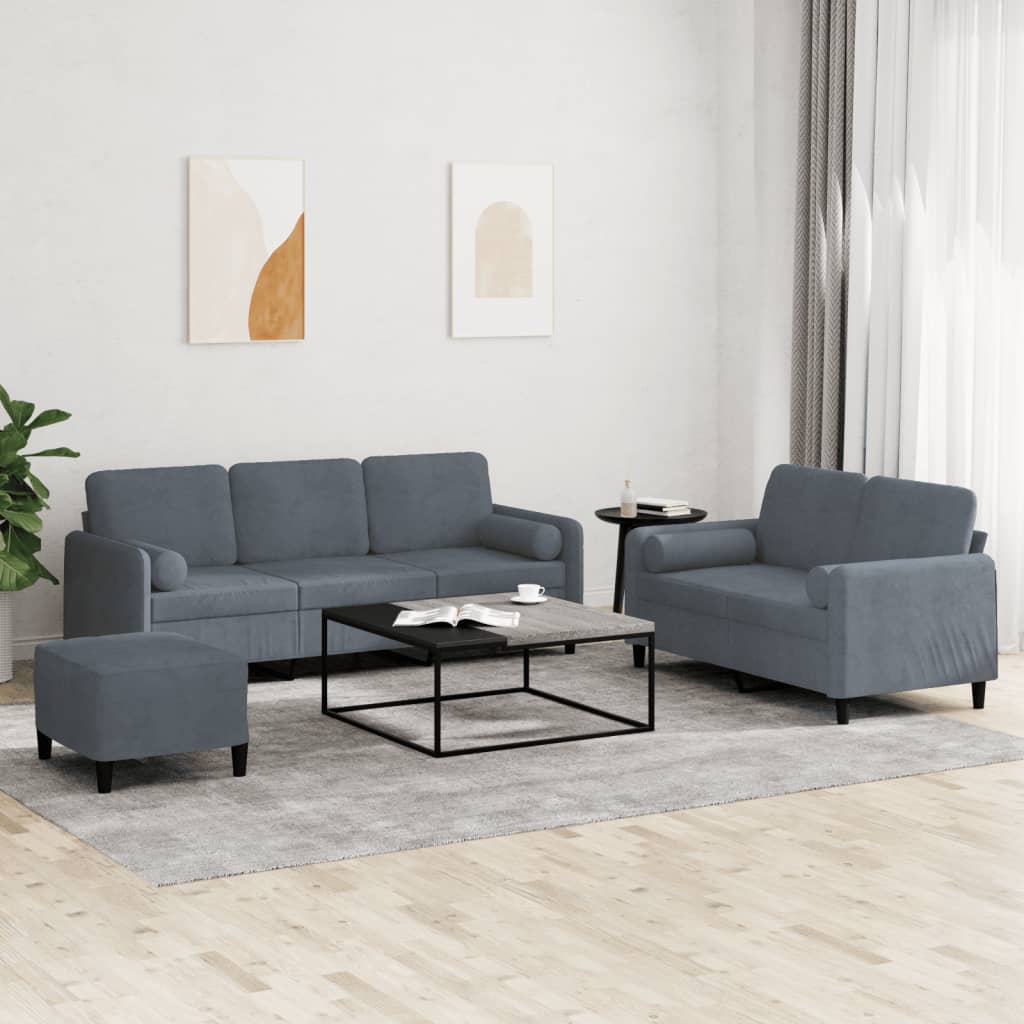 Set 2 Divani + Pouf Poggiapiedi con Cuscini Grigio Scuro in Velluto