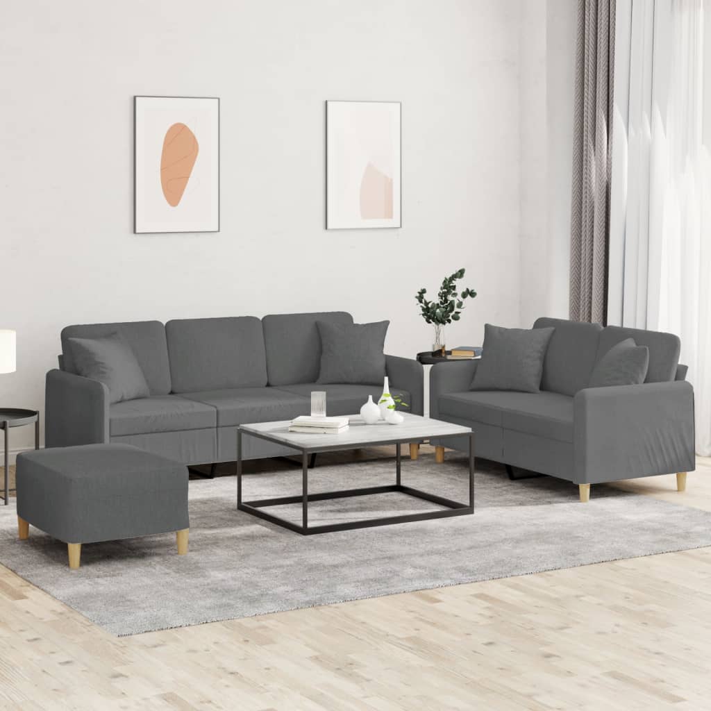 Set 2 Divani + Pouf Poggiapiedi con Cuscini Grigio Scuro in Tessuto