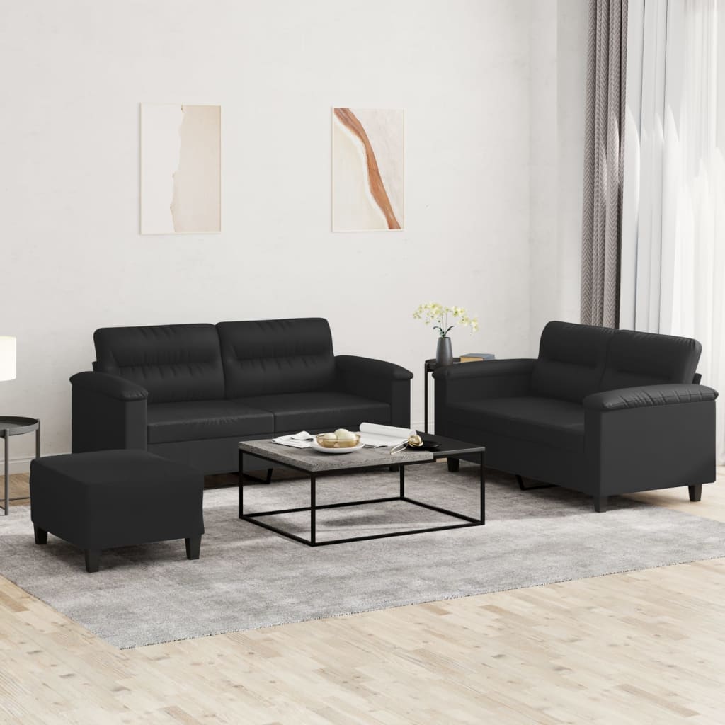 Set 2 Divani + Pouf Poggiapiedi con Cuscini Nero in Similpelle