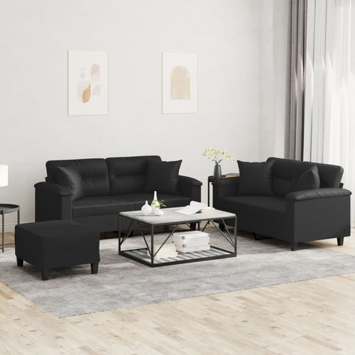 Set 2 Divani + Pouf Poggiapiedi con Cuscini Nero in Similpelle