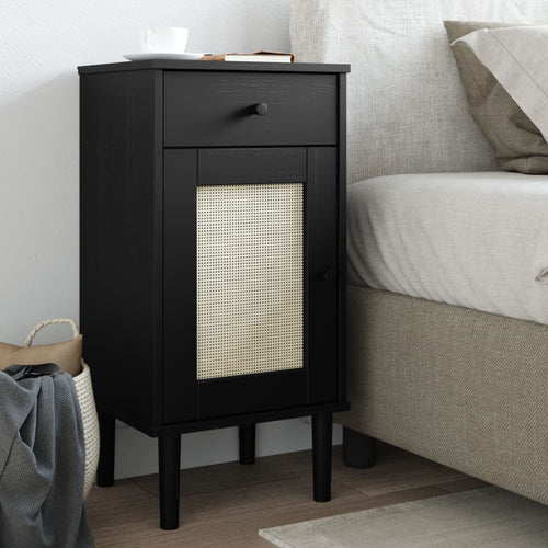 Mobiletto Nero con anta effetto Rattan 40x35x80 cm in Massello di Pino
