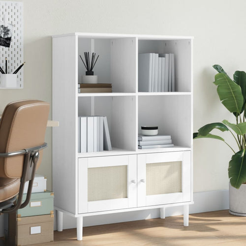 Libreria con 2 ante Rattan Bianco 90x35x130 cm Massello Pino