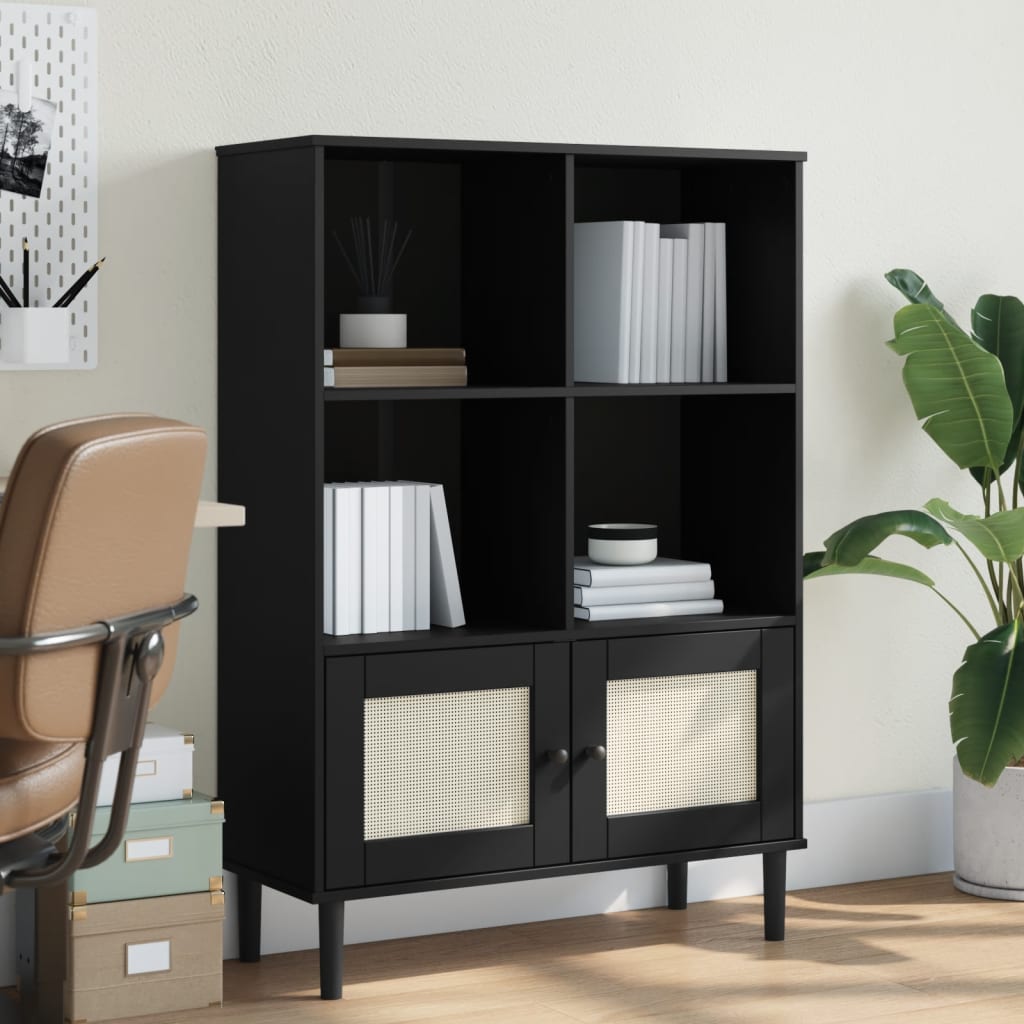Libreria con 2 ante Rattan Nero 90x35x130 cm Legno Pino