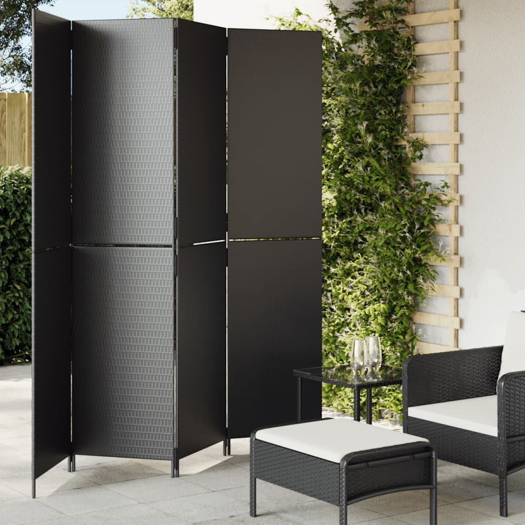 Separè 4 Pannelli Nero in Polyrattan
