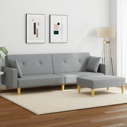 Divano Trasformabile in Letto con Pouf Poggiapiedi Grigio Chiaro in Tessuto