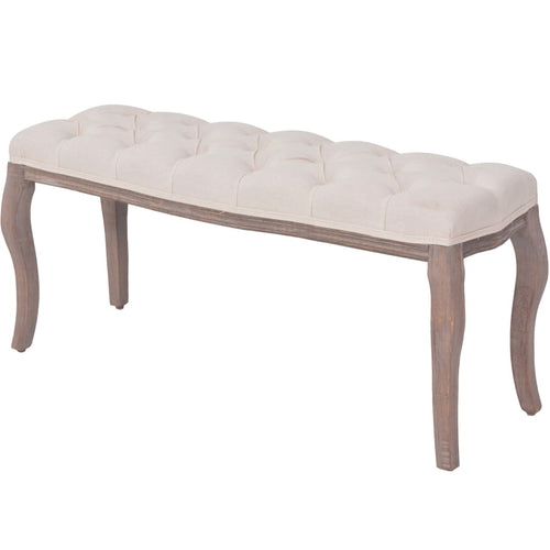 Panca Ottomana in Legno Massello e Lino 110x38x48 cm Bianco Crema