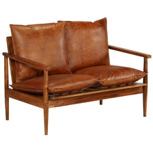 Load image into Gallery viewer, Divanetto a 2 Posti in Pelle e Legno di Acacia Marrone