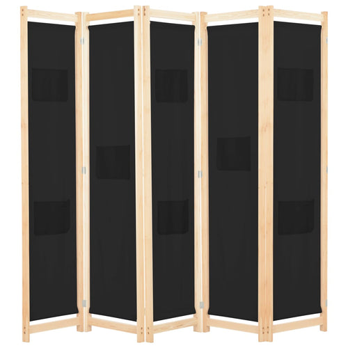 Separè 5 Pannelli Nero 200x170x4 cm in Tessuto e legno