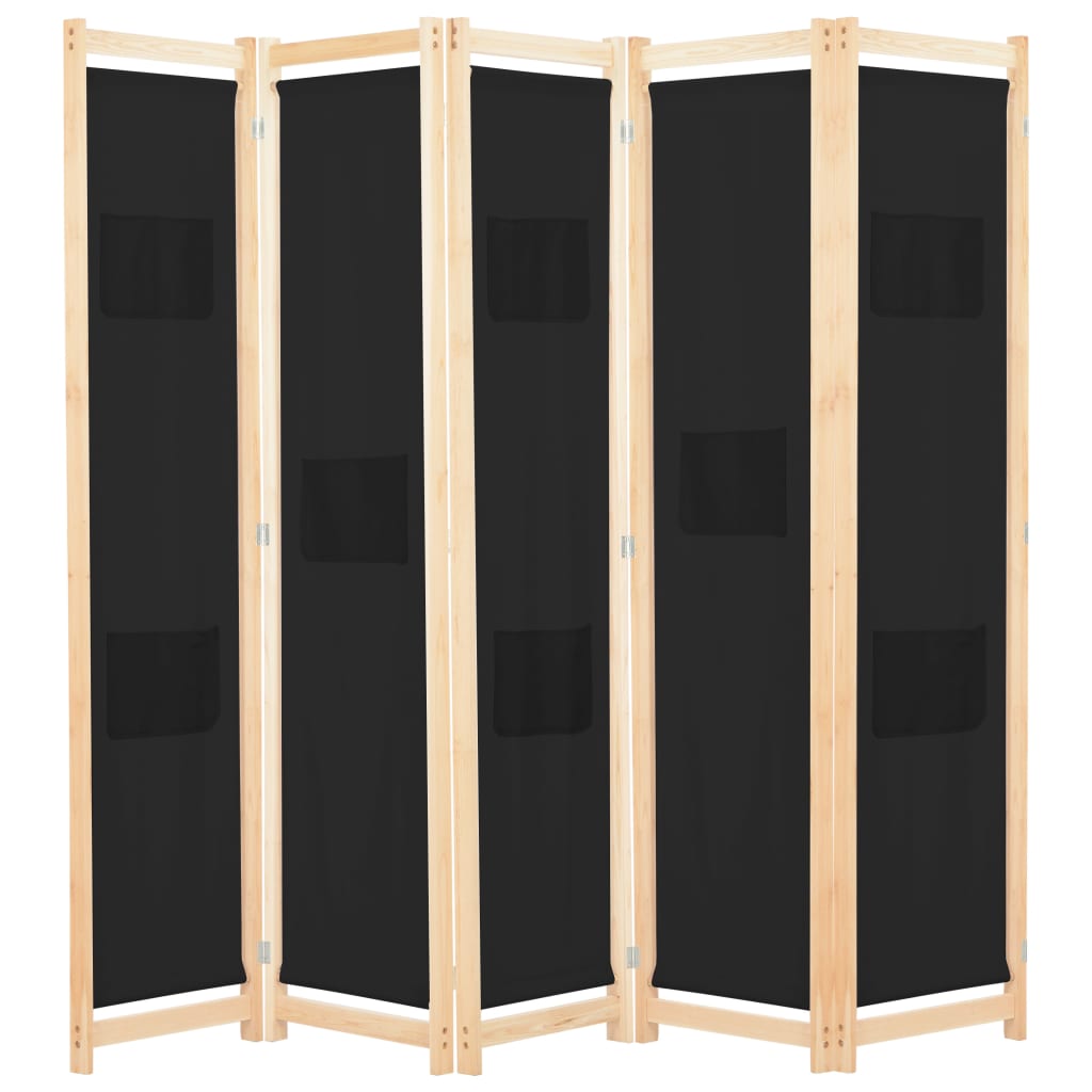 Separè 5 Pannelli Nero 200x170x4 cm in Tessuto e legno