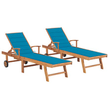 Charger l&#39;image dans la galerie, Lettini Prendisole 2 pz con Cuscini Azzurri in Legno Massello di Teak