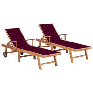 Lettini Prendisole 2 pz con Cuscini Rosso Vino in Legno di Teak