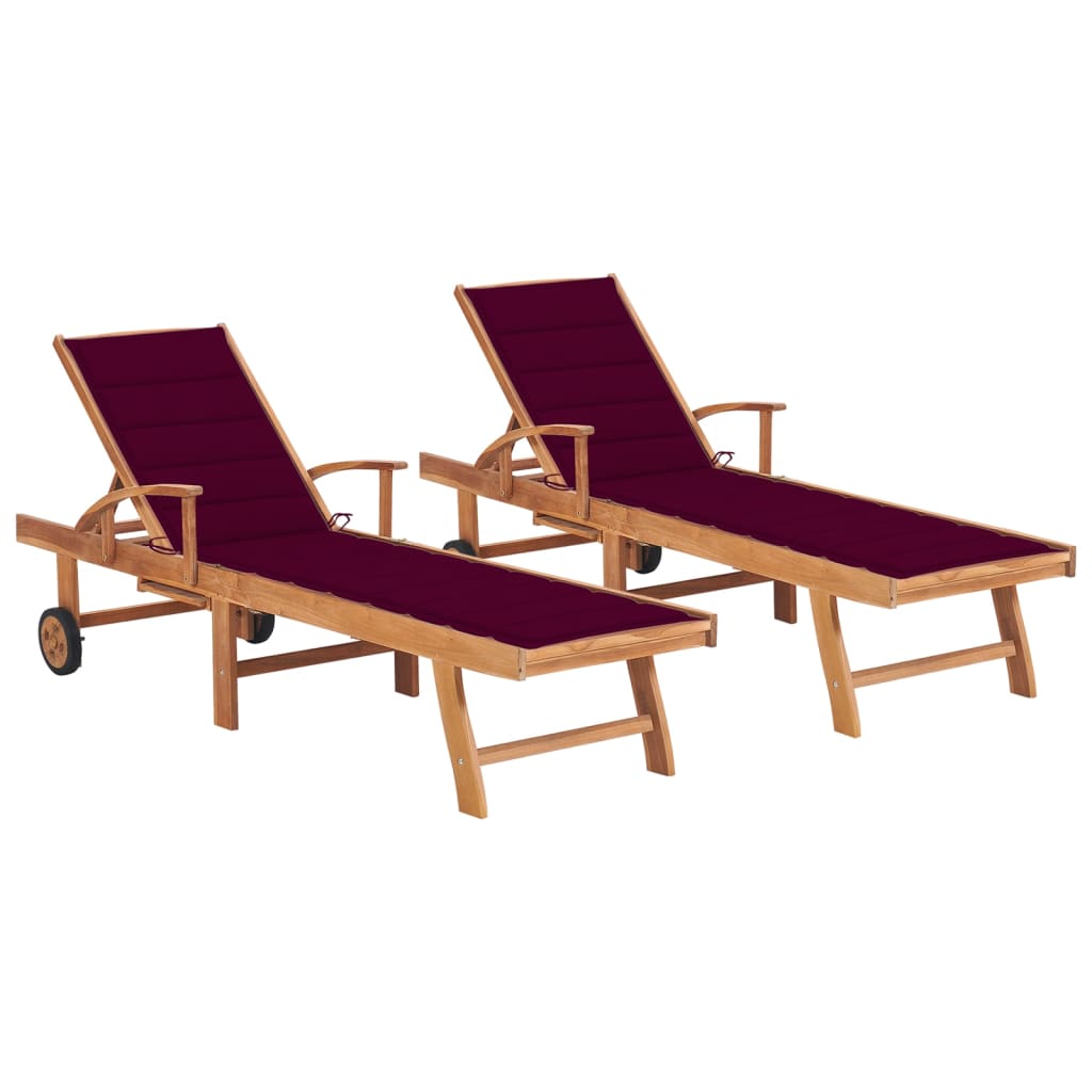 Lettini Prendisole 2 pz con Cuscini Rosso Vino in Legno di Teak