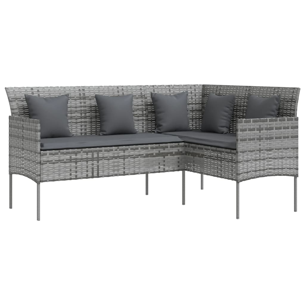Divano da Giardino a Forma di L con Cuscini Grigi in Polyrattan Grigio