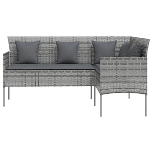 Divano da Giardino a Forma di L con Cuscini Grigi in Polyrattan Grigio