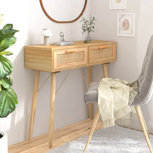 Mobiletto Consolle Marrone 80x30x75 in Massello di Pino e Rattan Naturale